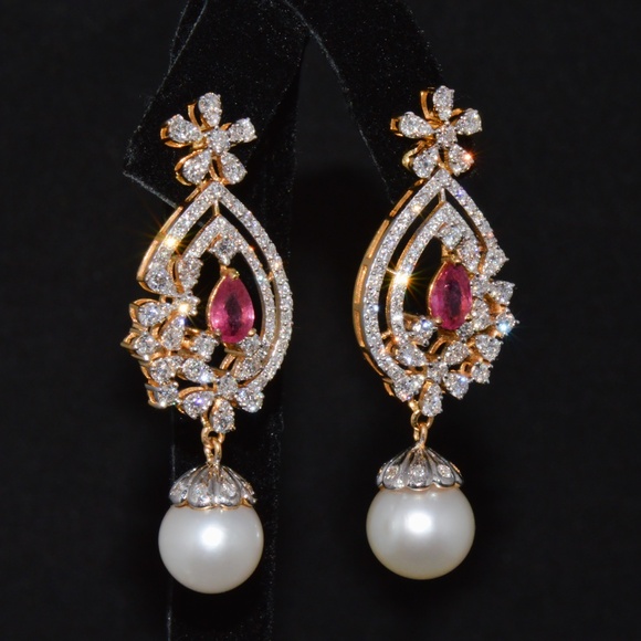 CERTIFIED NATURAL 24.16CTS VS F DIAMOND RUBY SOUTH SEA PEARL 18K GOLD EARRINGS - Picture 12 of 14